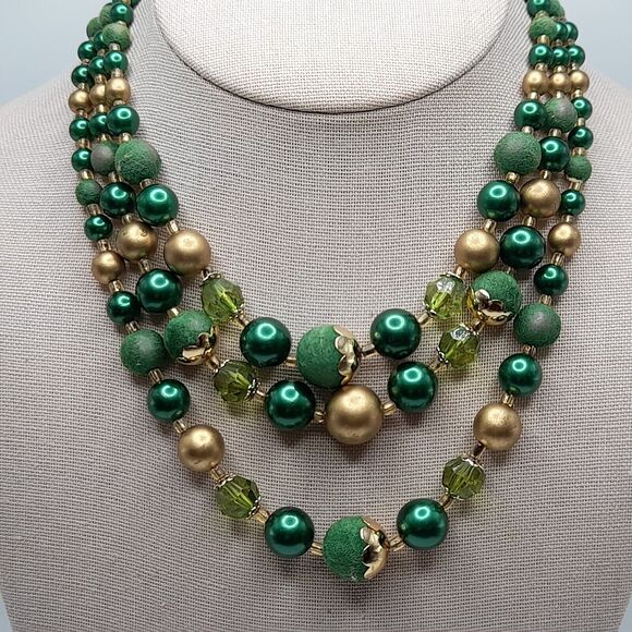 Vintage Japan 3-Strand Green Faux Pearl and Gold Tone Bead Necklace, 16" - Picture 16 of 16